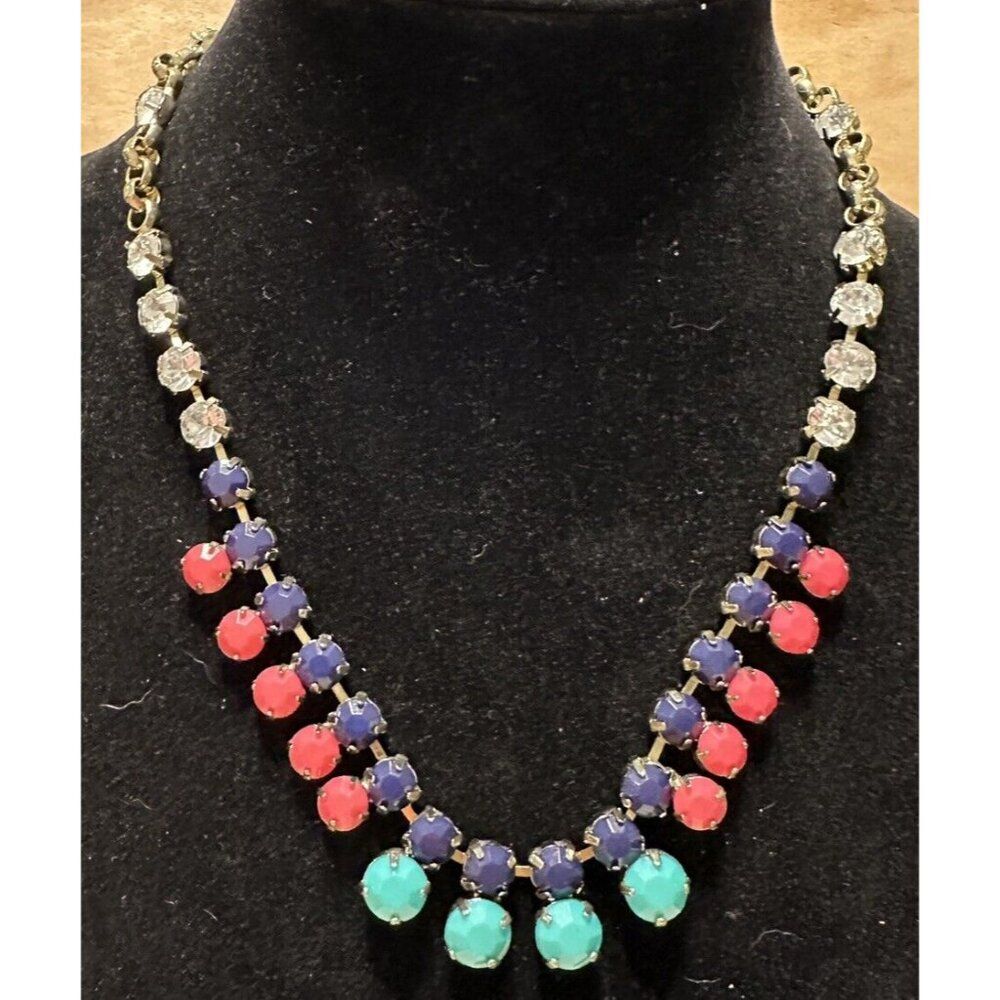 NWT J. Crew pink purple turquoise rhinestone necklace gold Tone Rhinestone